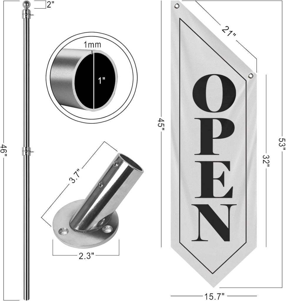 Vintage Style Open Flag, Double - Sided Three - ply Hanging Open Sign with Pole and Mounting Kit (White - W, 27")
